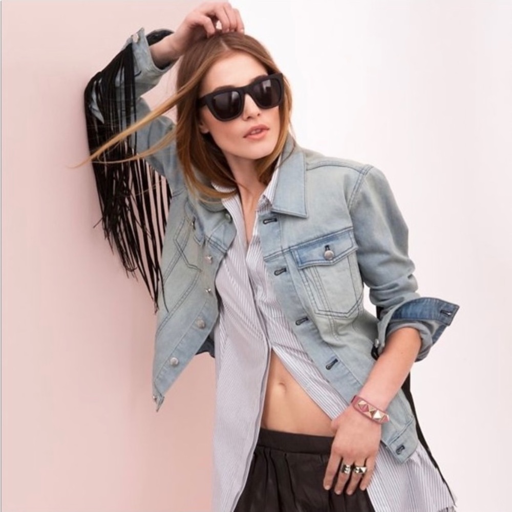 BLK DNM  Blue Denim Black Fringe Jean Jacket Size Small